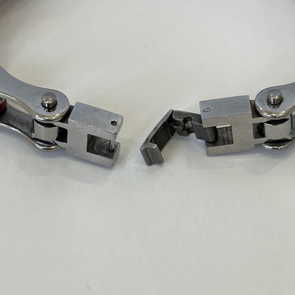 Silver and Gloss Brick Red Color Stainless Steel Bike Chain Bracelet with Stones - Picture 3 of 6